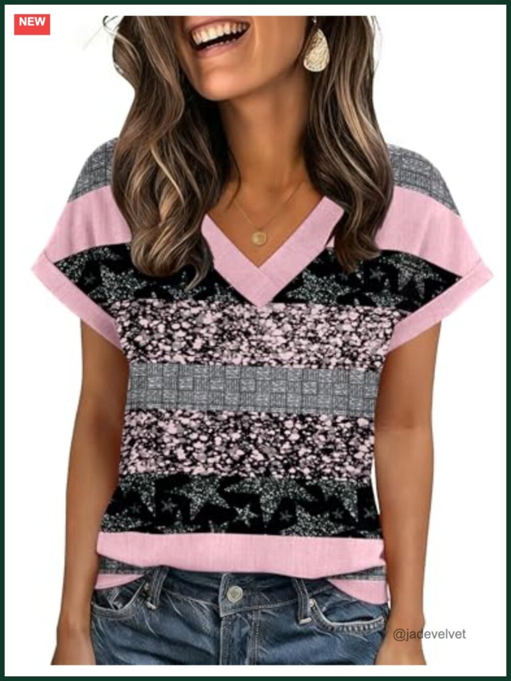 Women's Rolled Short Sleeve V-Neck Blouse Soft Stretch Summer Top